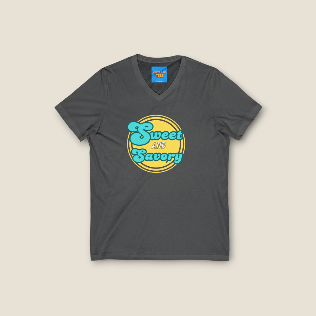 What's It Say Tees-Sweet and Savory V-Neck Tee - Retro Script Foodie T-Shirt