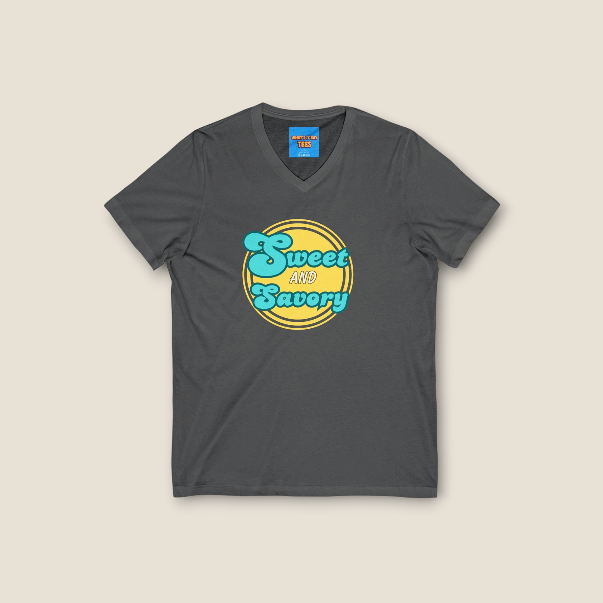 What's It Say Tees-Sweet and Savory V-Neck Tee - Retro Script Foodie T-Shirt