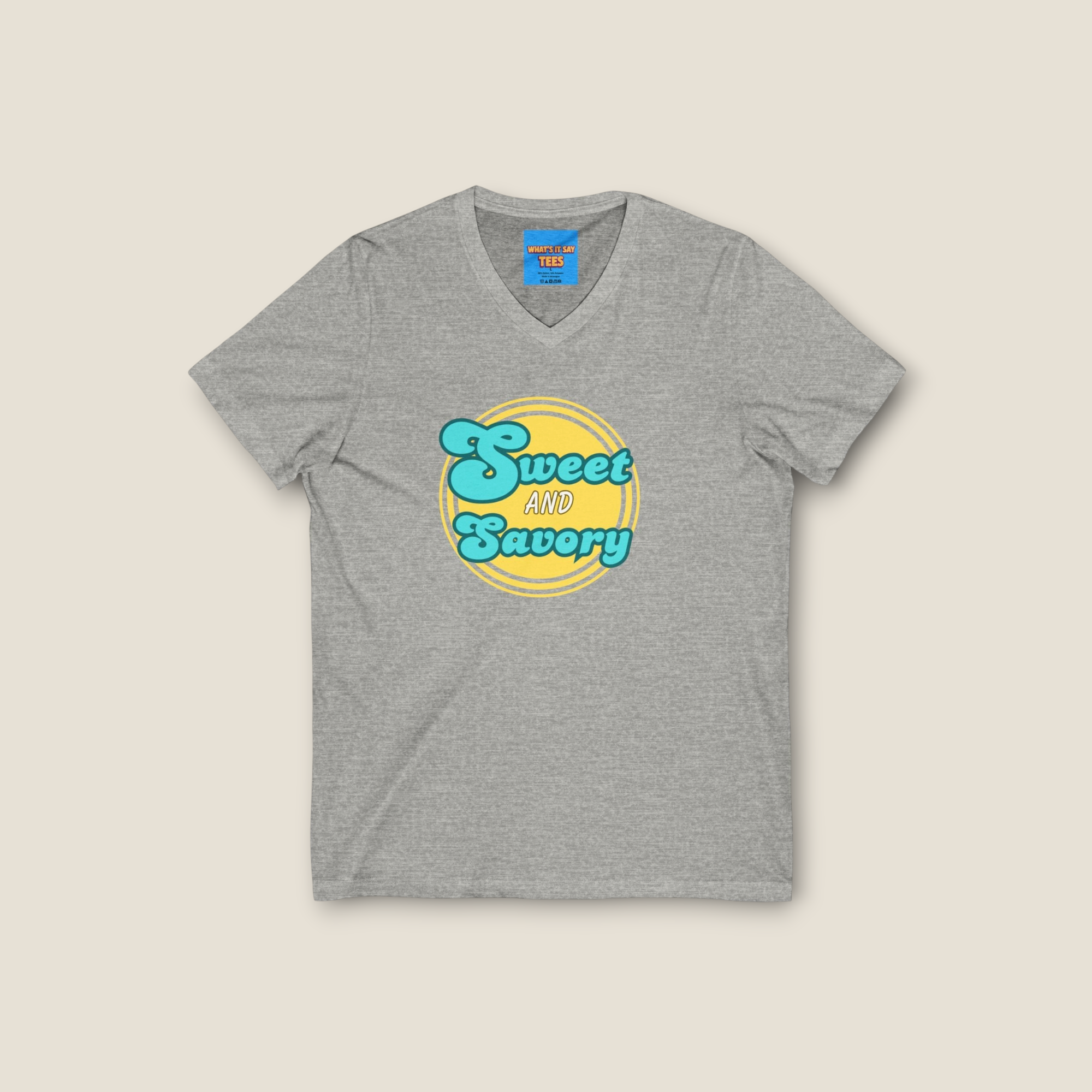 What's It Say Tees-Sweet and Savory V-Neck Tee - Retro Script Foodie T-Shirt