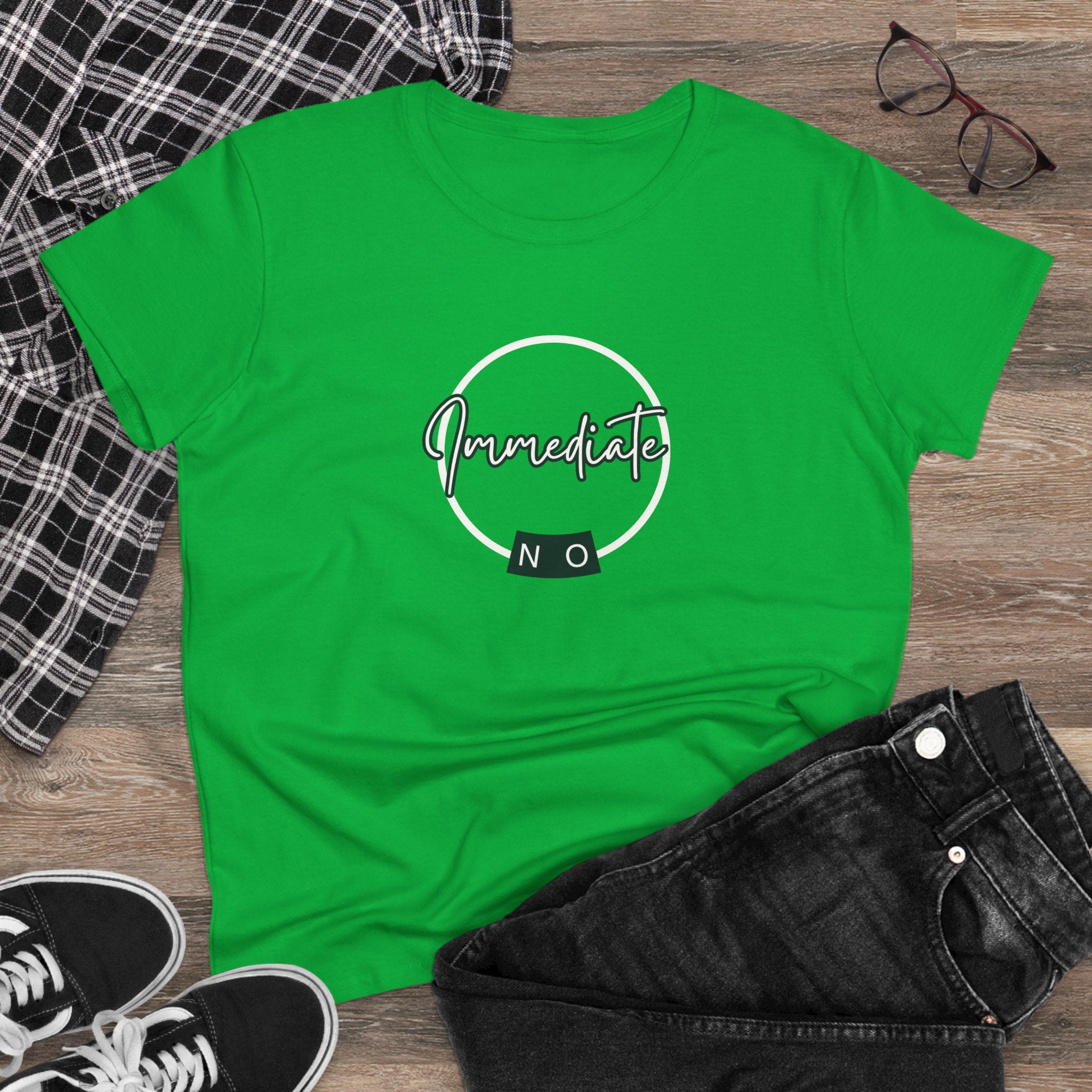 What's It Say Tees- "Immediate No" Women's T‑Shirt — Minimal Script Graphic Tee