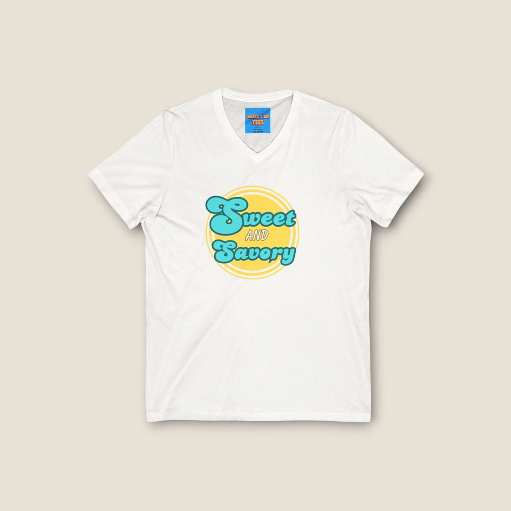 What's It Say Tees-Sweet and Savory V-Neck Tee - Retro Script Foodie T-Shirt