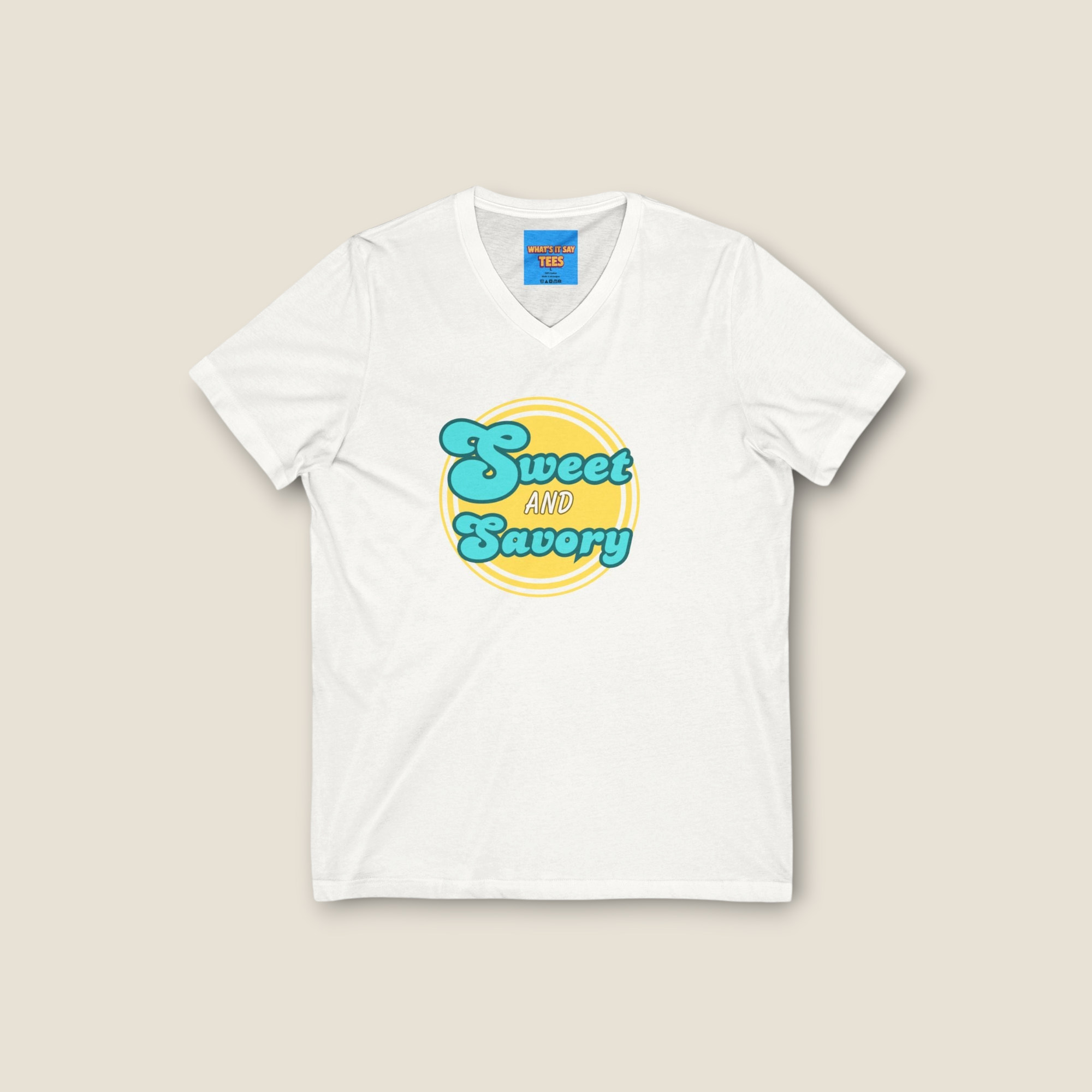 What's It Say Tees-Sweet and Savory V-Neck Tee - Retro Script Foodie T-Shirt