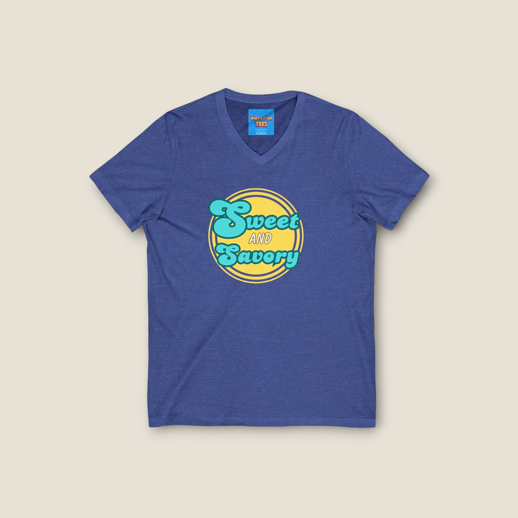 What's It Say Tees-Sweet and Savory V-Neck Tee - Retro Script Foodie T-Shirt
