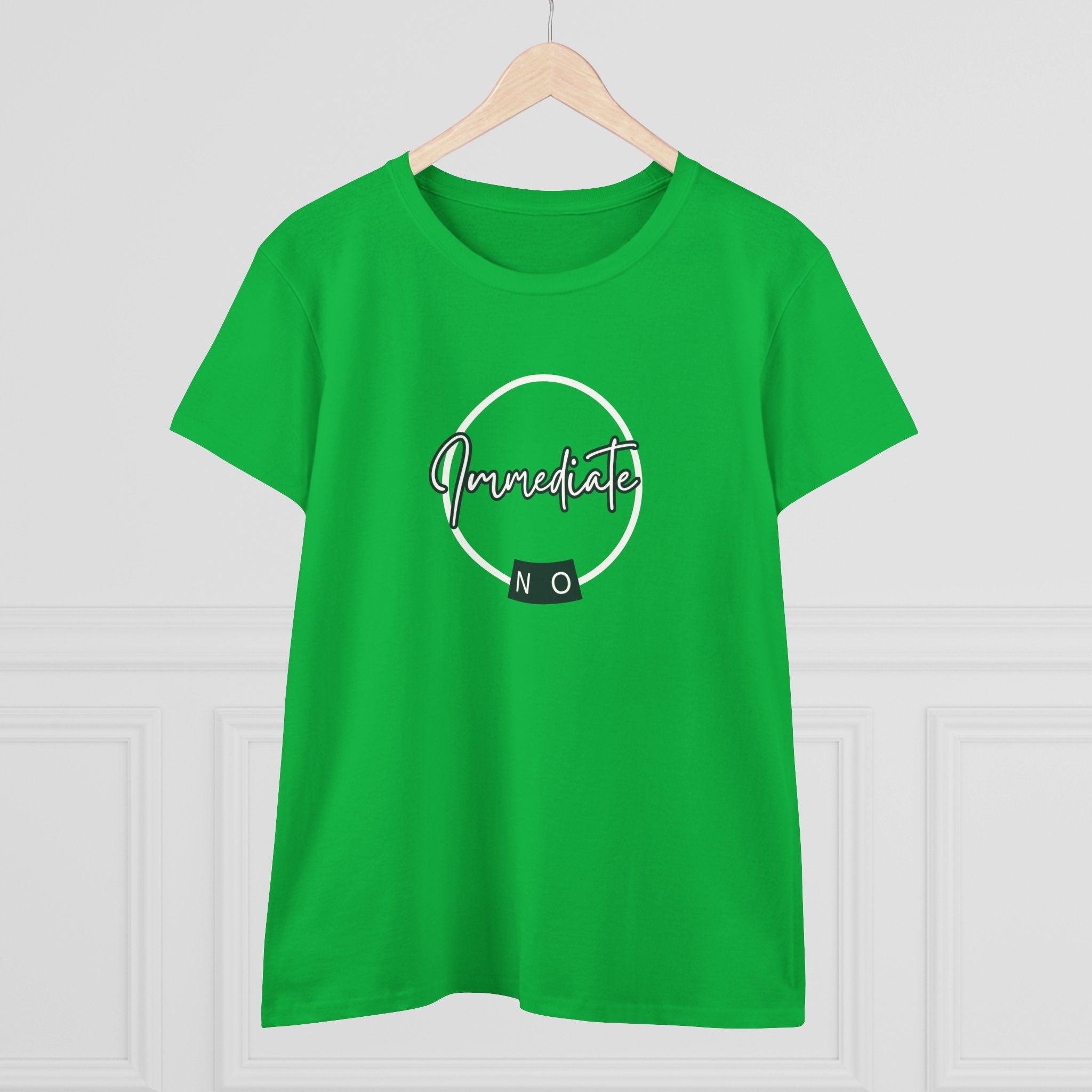 What's It Say Tees- "Immediate No" Women's T‑Shirt — Minimal Script Graphic Tee