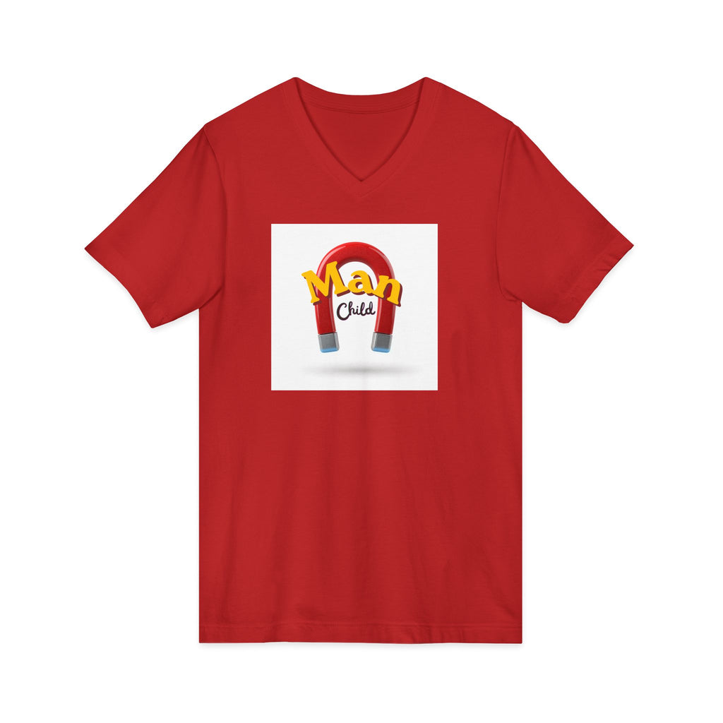 What's It Say Tees-Man Child V-Neck Tee — Retro Horseshoe Magnet Kids Graphic Shirt