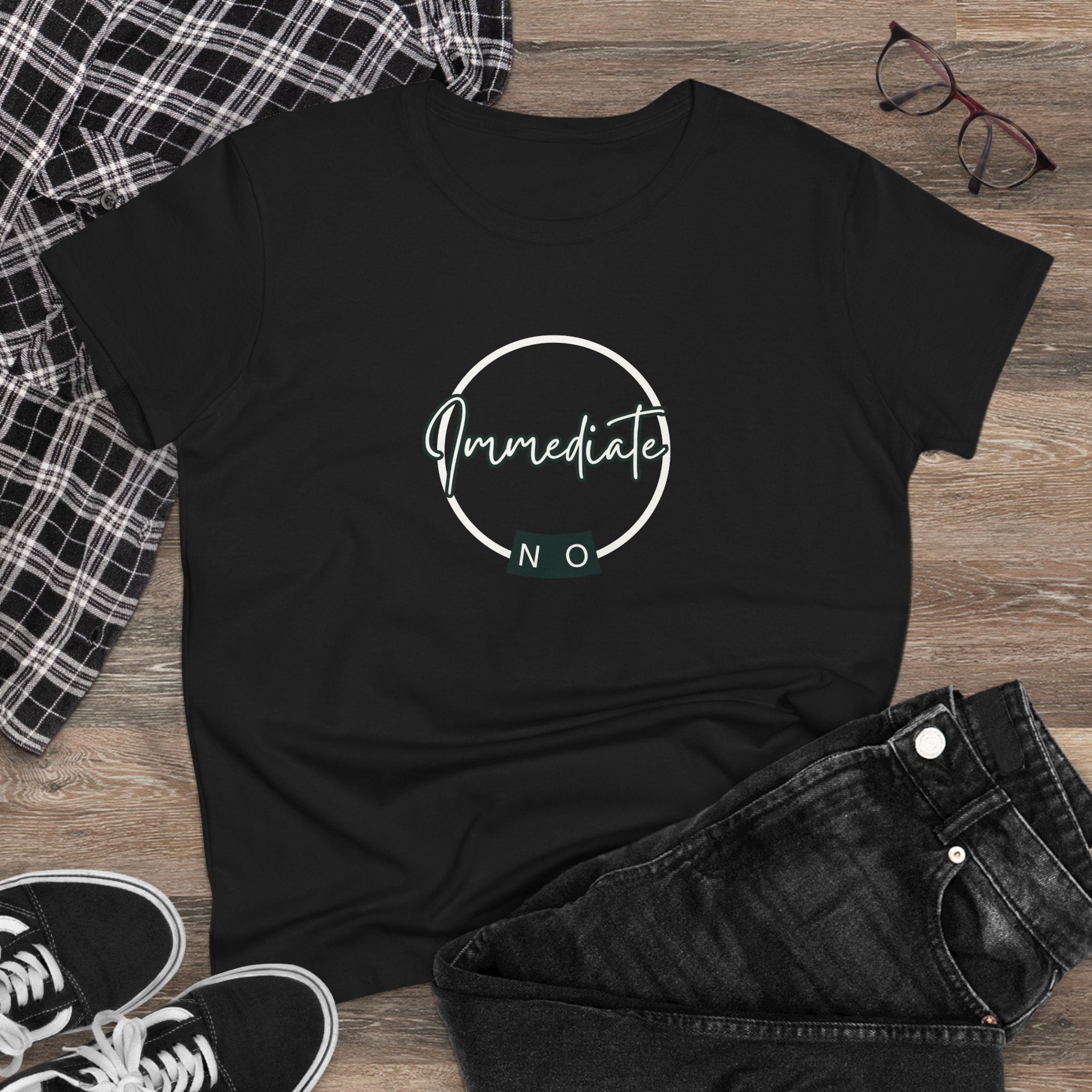 What's It Say Tees- "Immediate No" Women's T‑Shirt — Minimal Script Graphic Tee