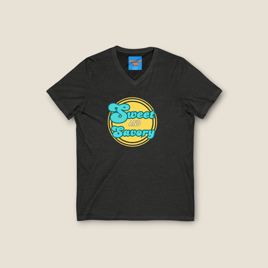 What's It Say Tees-Sweet and Savory V-Neck Tee - Retro Script Foodie T-Shirt