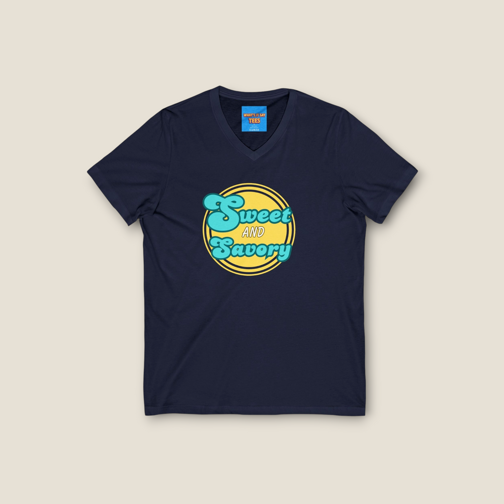 What's It Say Tees-Sweet and Savory V-Neck Tee - Retro Script Foodie T-Shirt