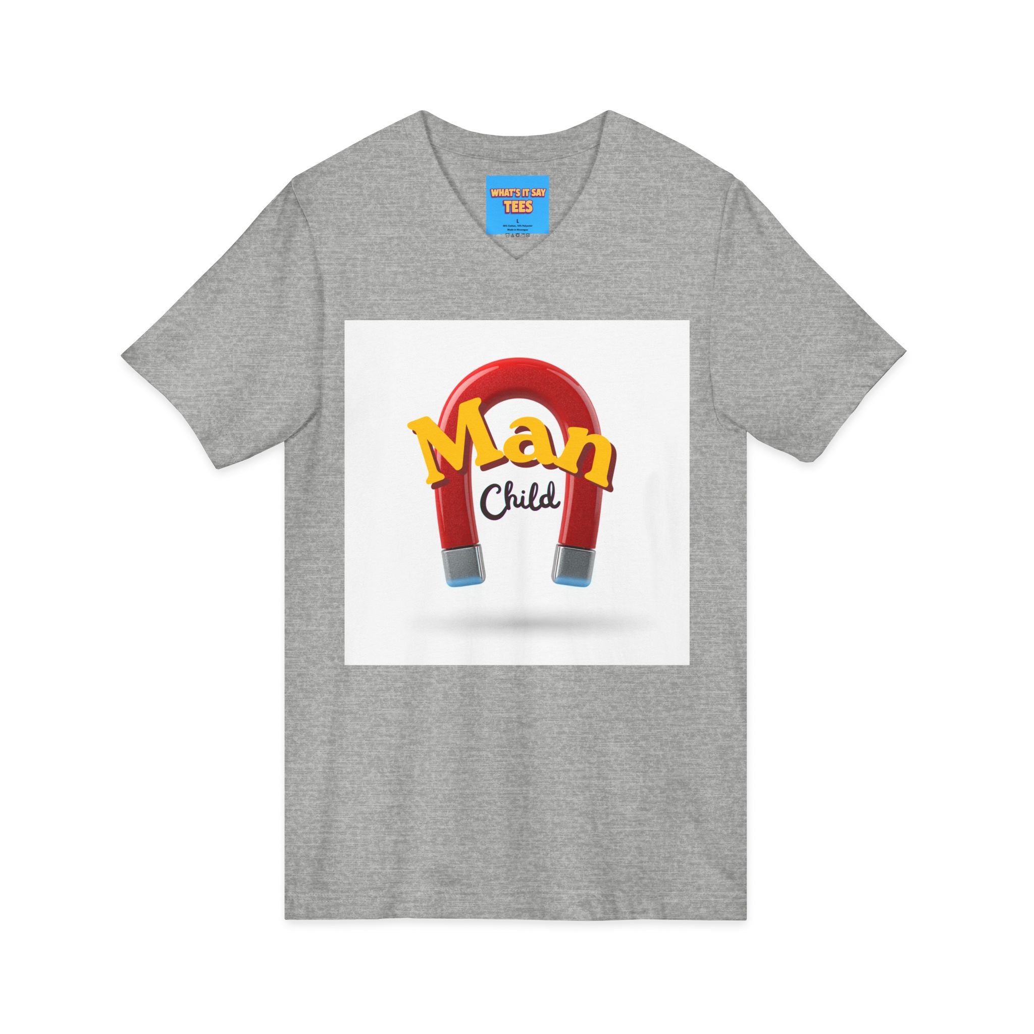 What's It Say Tees-Man Child V-Neck Tee — Retro Horseshoe Magnet Graphic Shirt
