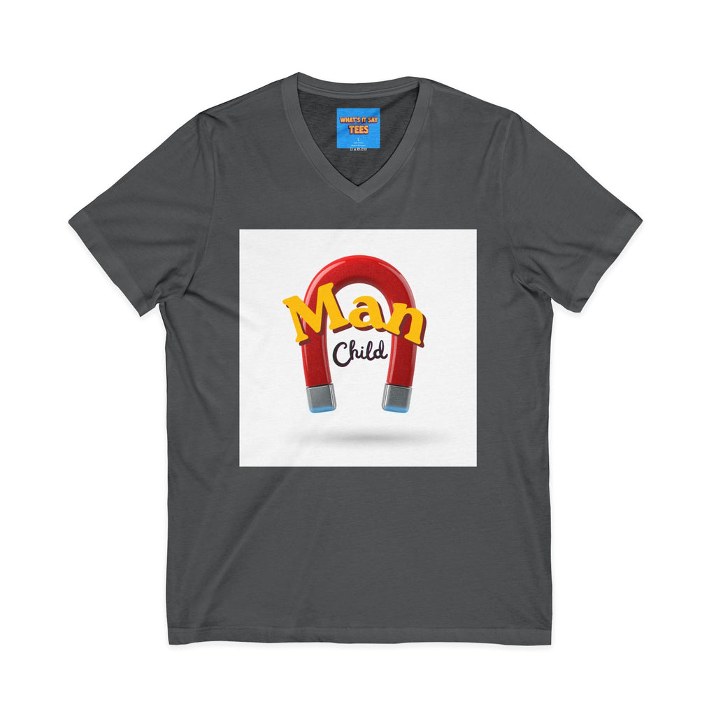 What's It Say Tees-Man Child V-Neck Tee — Retro Horseshoe Magnet Graphic Shirt