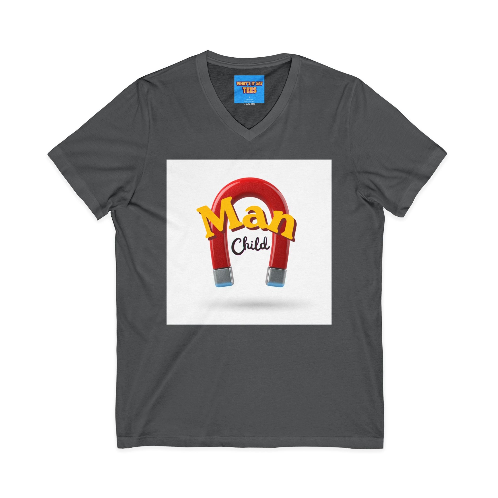 What's It Say Tees-Man Child V-Neck Tee — Retro Horseshoe Magnet Graphic Shirt