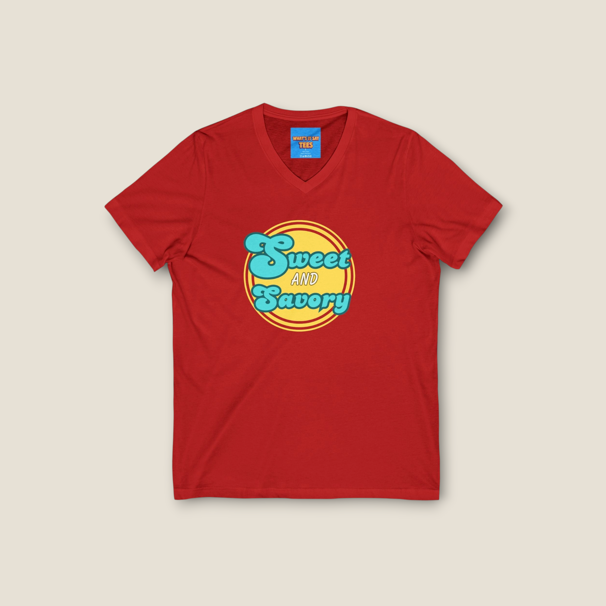 What's It Say Tees-Sweet and Savory V-Neck Tee - Retro Script Foodie T-Shirt
