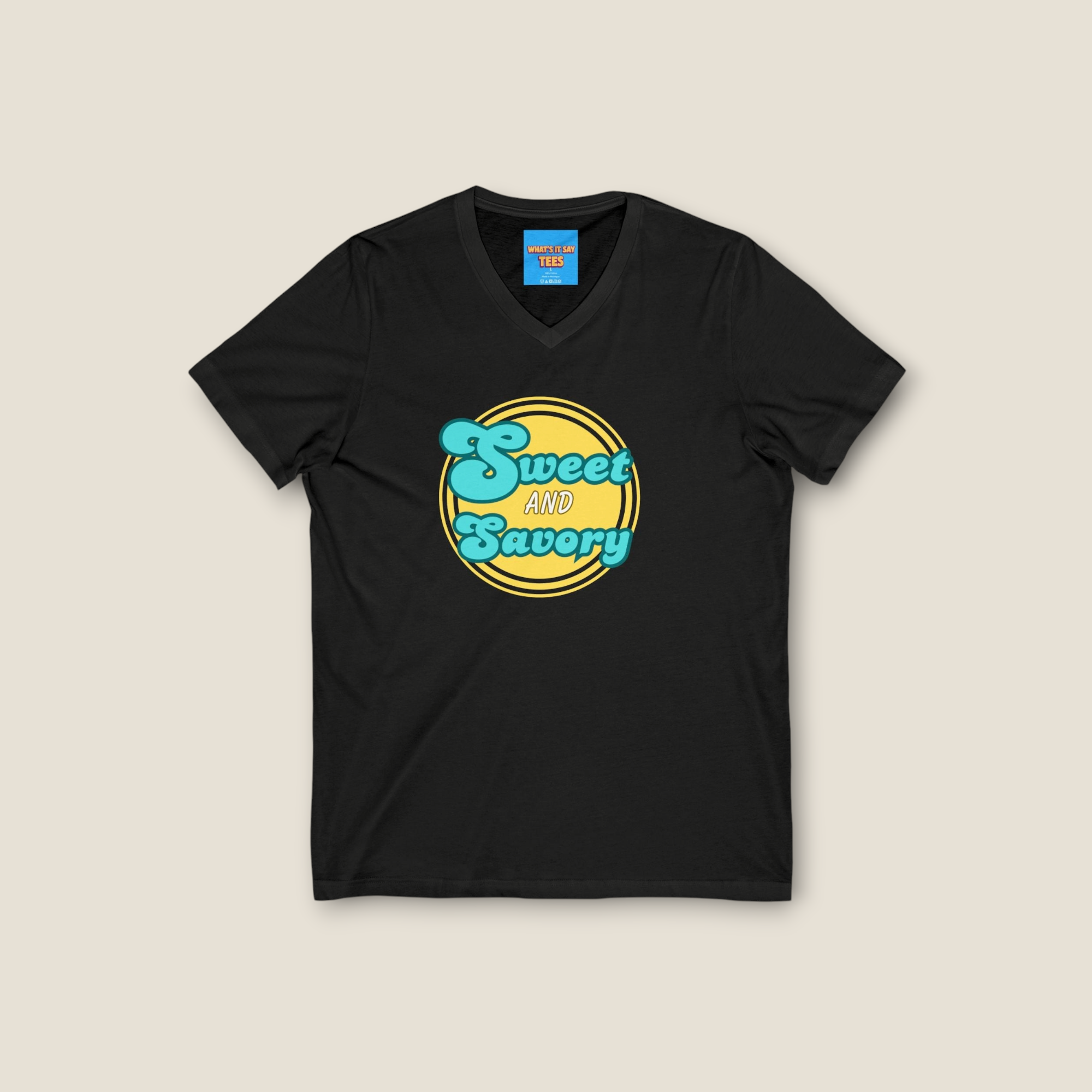 What's It Say Tees-Sweet and Savory V-Neck Tee - Retro Script Foodie T-Shirt