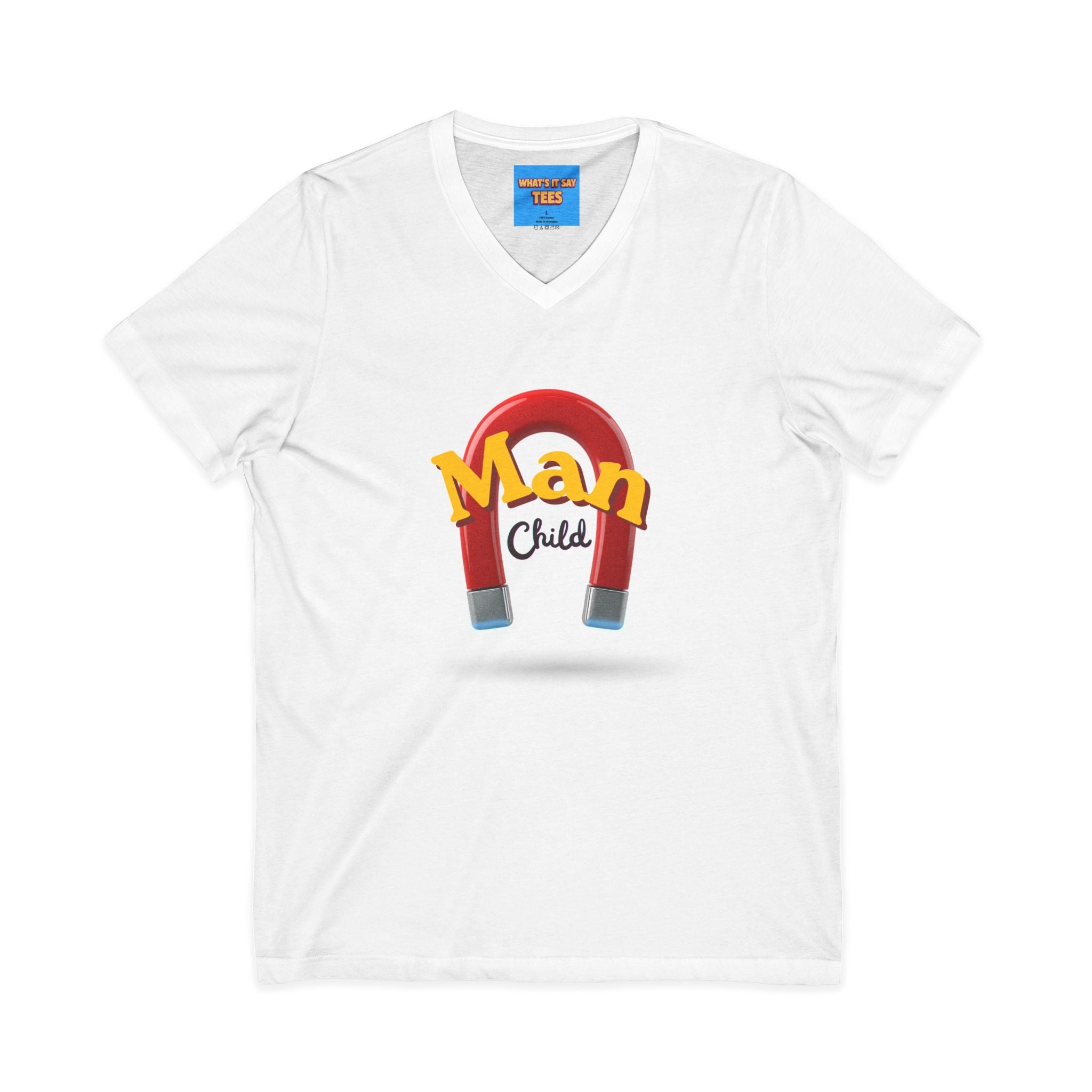 What's It Say Tees-Man Child V-Neck Tee — Retro Horseshoe Magnet Graphic Shirt