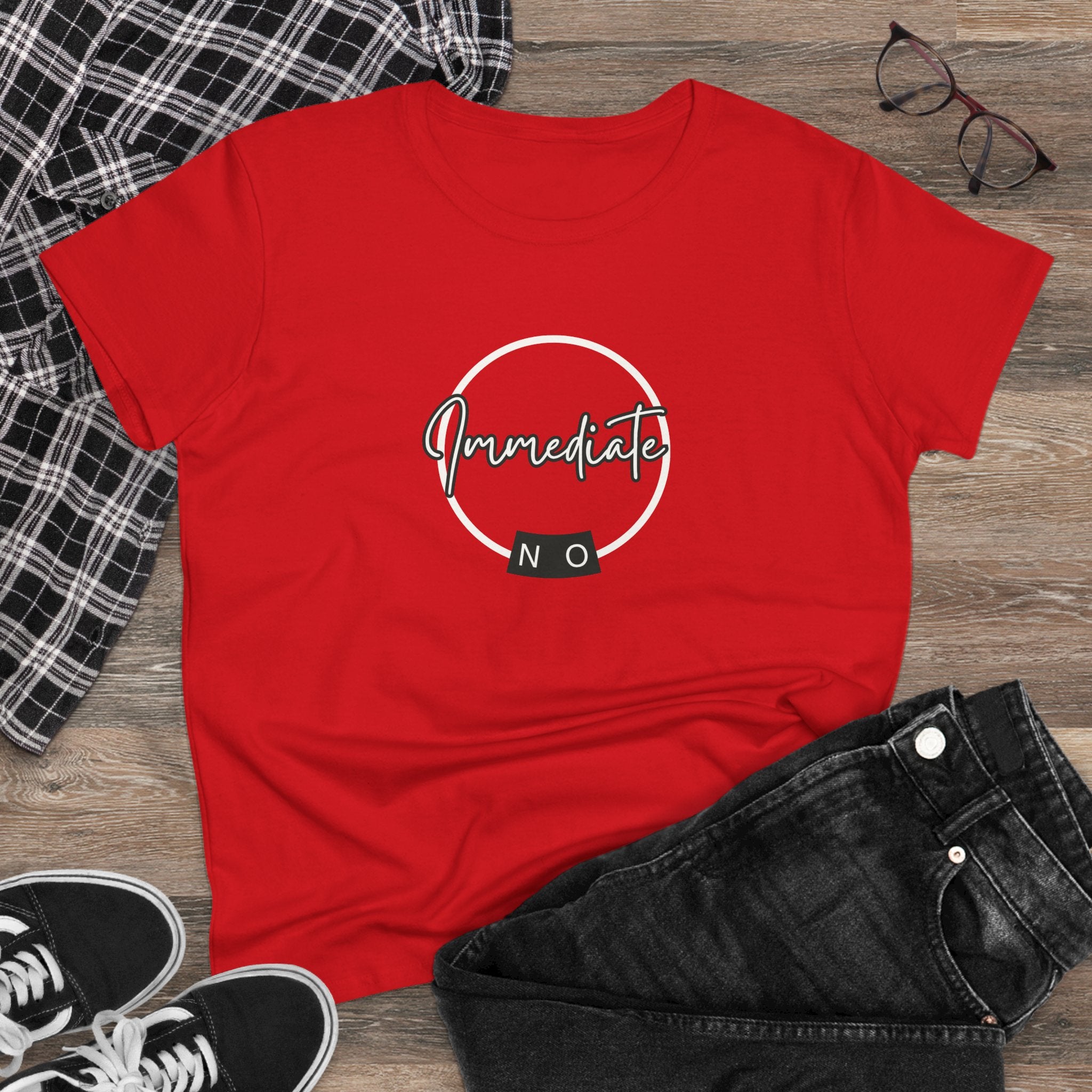 What's It Say Tees- "Immediate No" Women's T‑Shirt — Minimal Script Graphic Tee