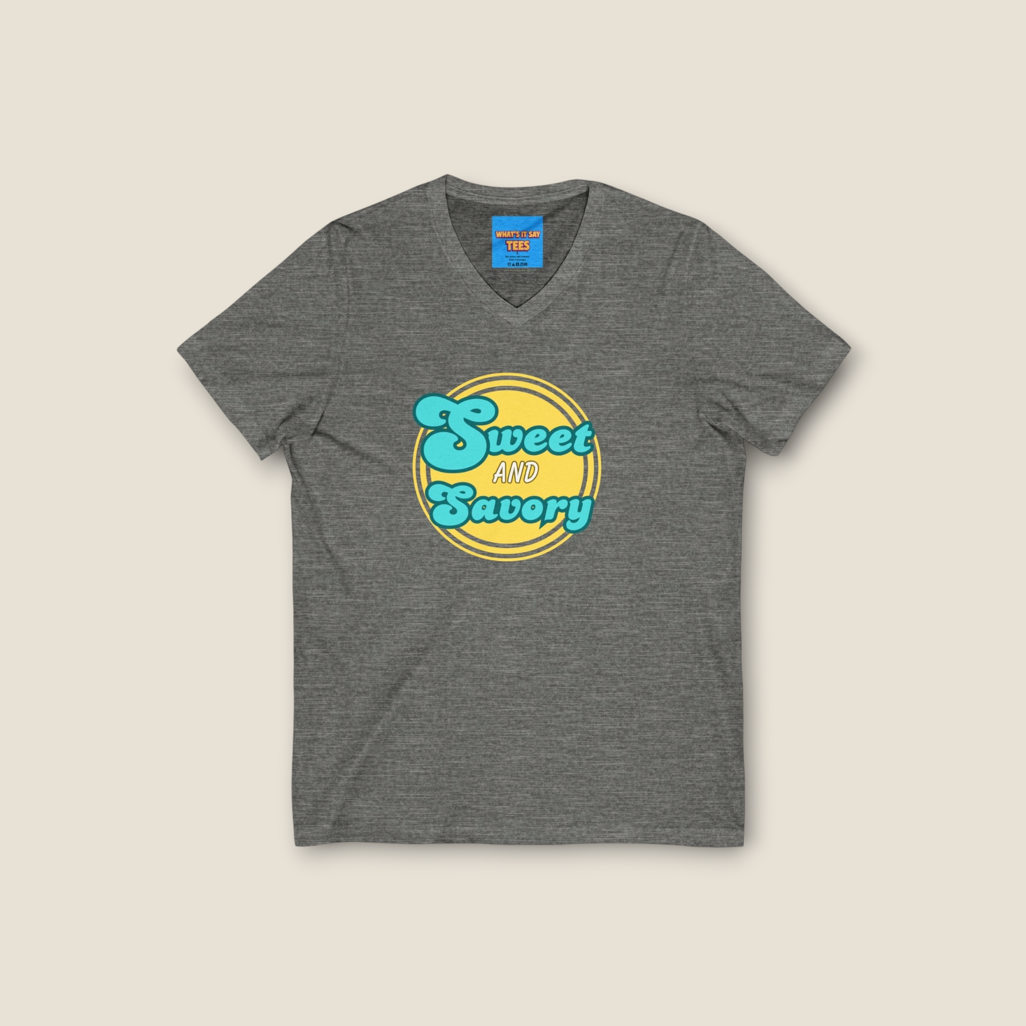 What's It Say Tees-Sweet and Savory V-Neck Tee - Retro Script Foodie T-Shirt