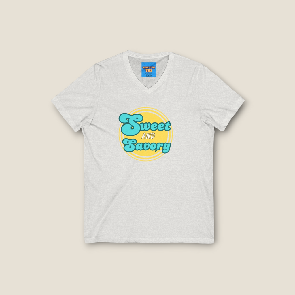 What's It Say Tees-Sweet and Savory V-Neck Tee - Retro Script Foodie T-Shirt