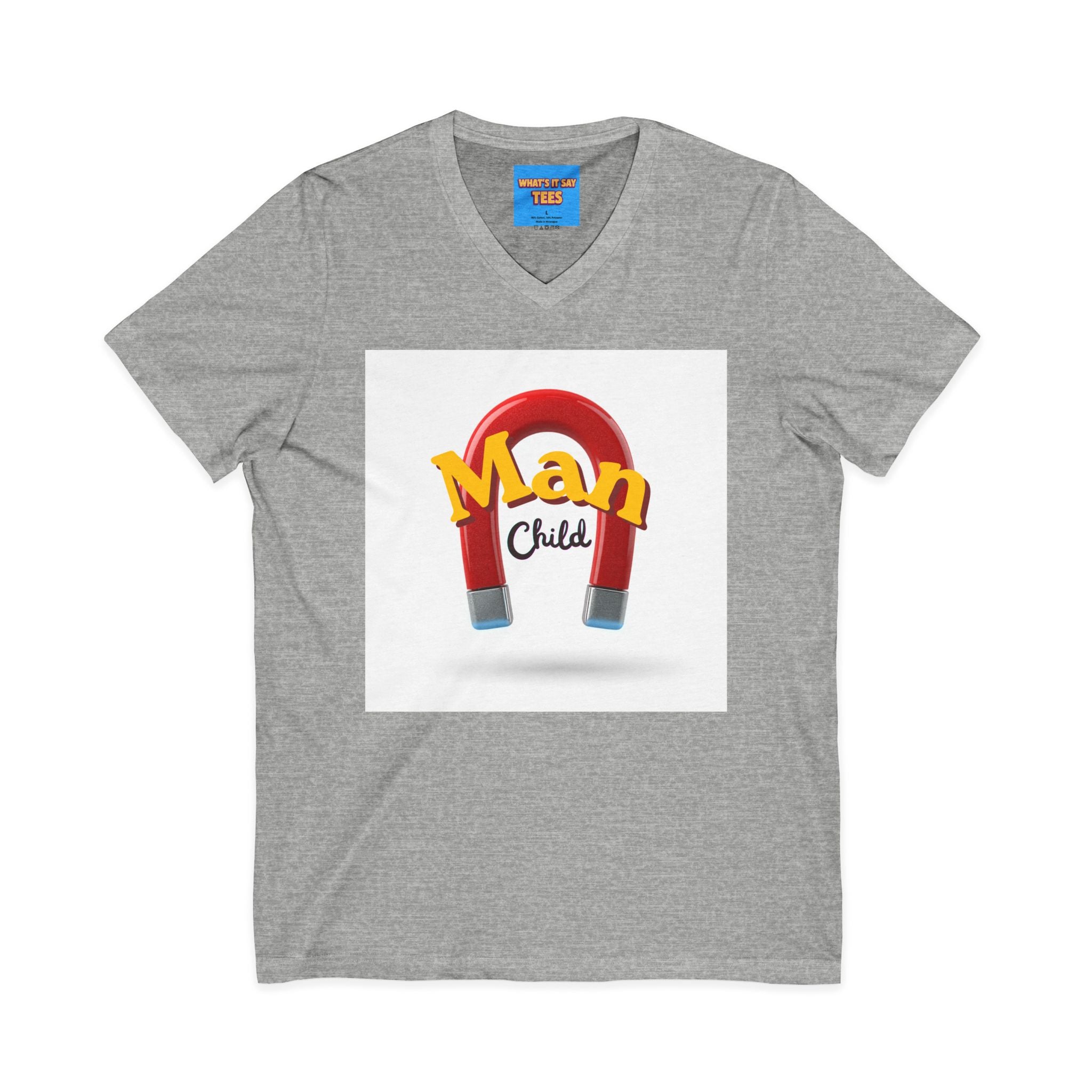 What's It Say Tees-Man Child V-Neck Tee — Retro Horseshoe Magnet Graphic Shirt