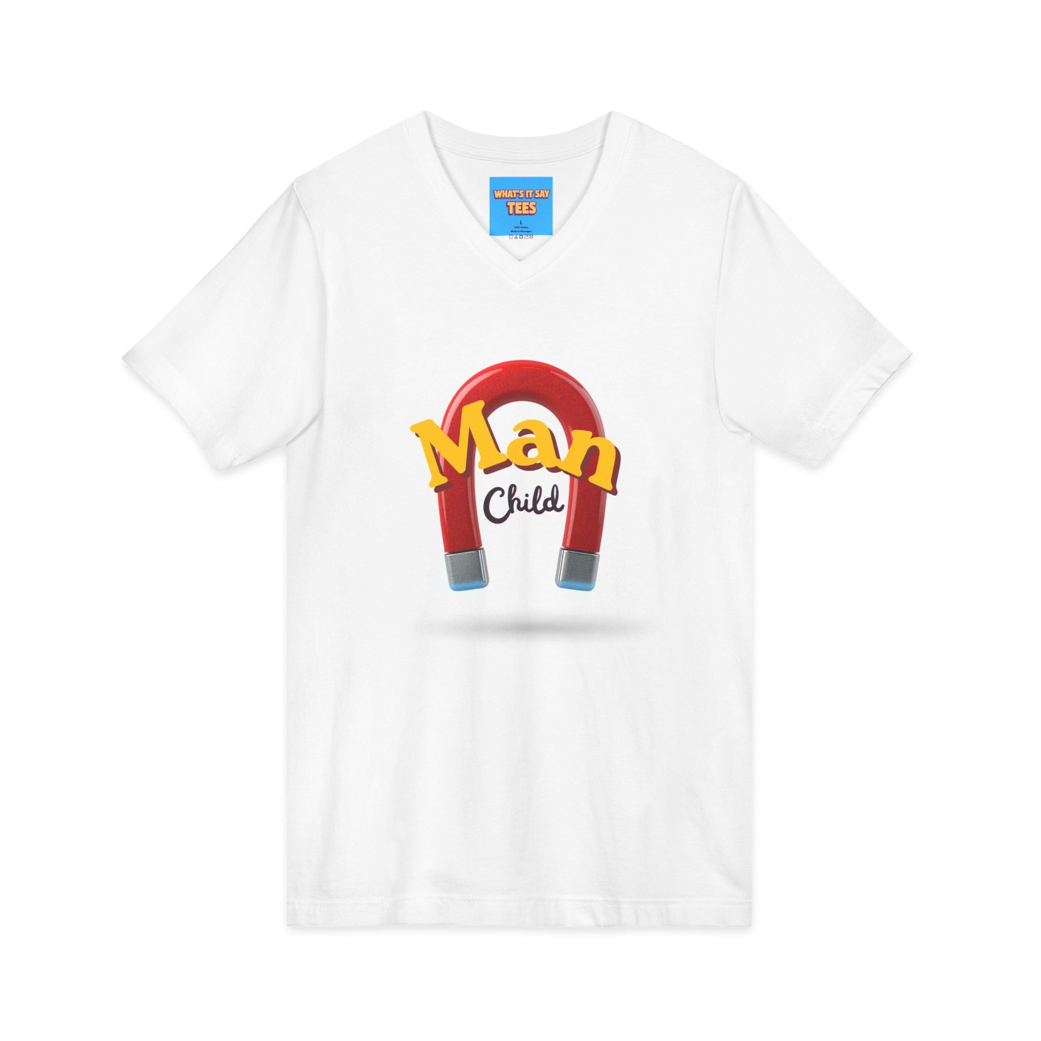 What's It Say Tees-Man Child V-Neck Tee — Retro Horseshoe Magnet Graphic Shirt