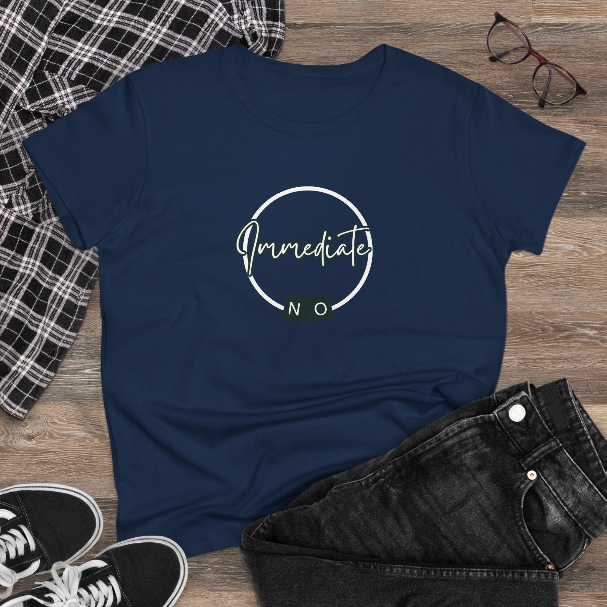 What's It Say Tees- "Immediate No" Women's T‑Shirt — Minimal Script Graphic Tee