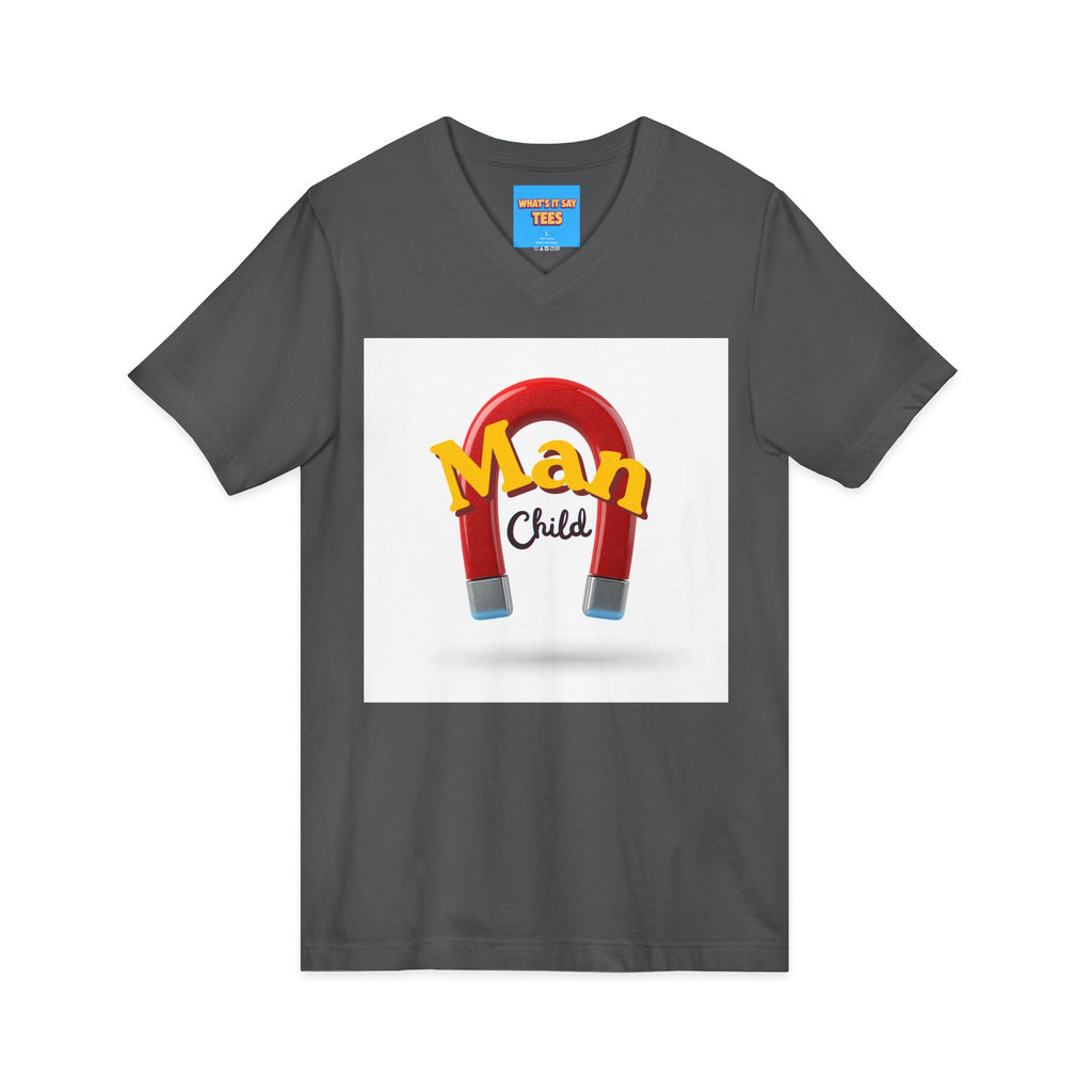 What's It Say Tees-Man Child V-Neck Tee — Retro Horseshoe Magnet Graphic Shirt