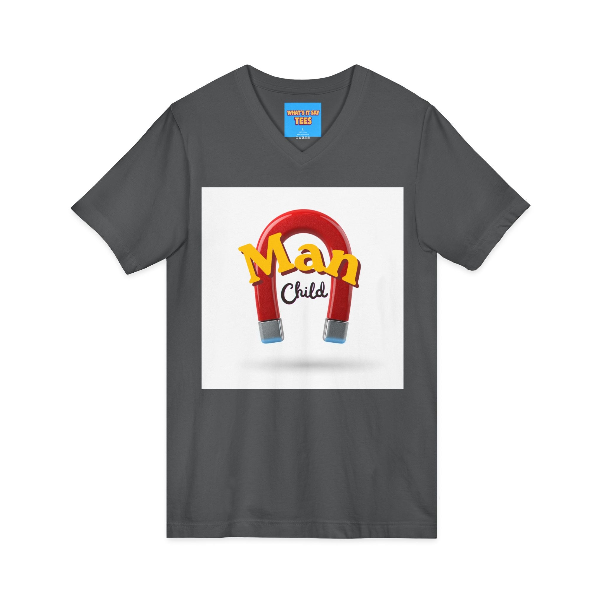 What's It Say Tees-Man Child V-Neck Tee — Retro Horseshoe Magnet Graphic Shirt