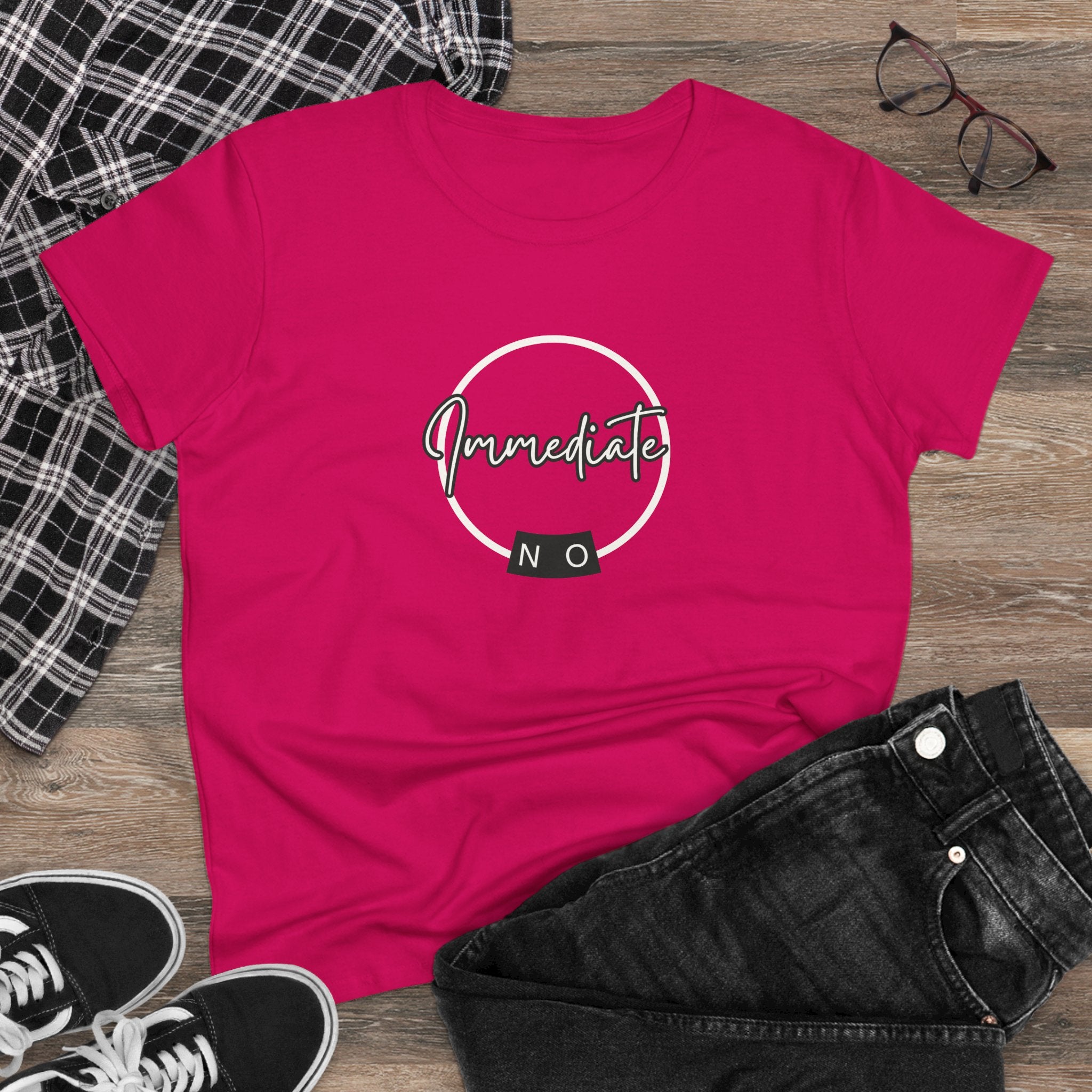 What's It Say Tees- "Immediate No" Women's T‑Shirt — Minimal Script Graphic Tee