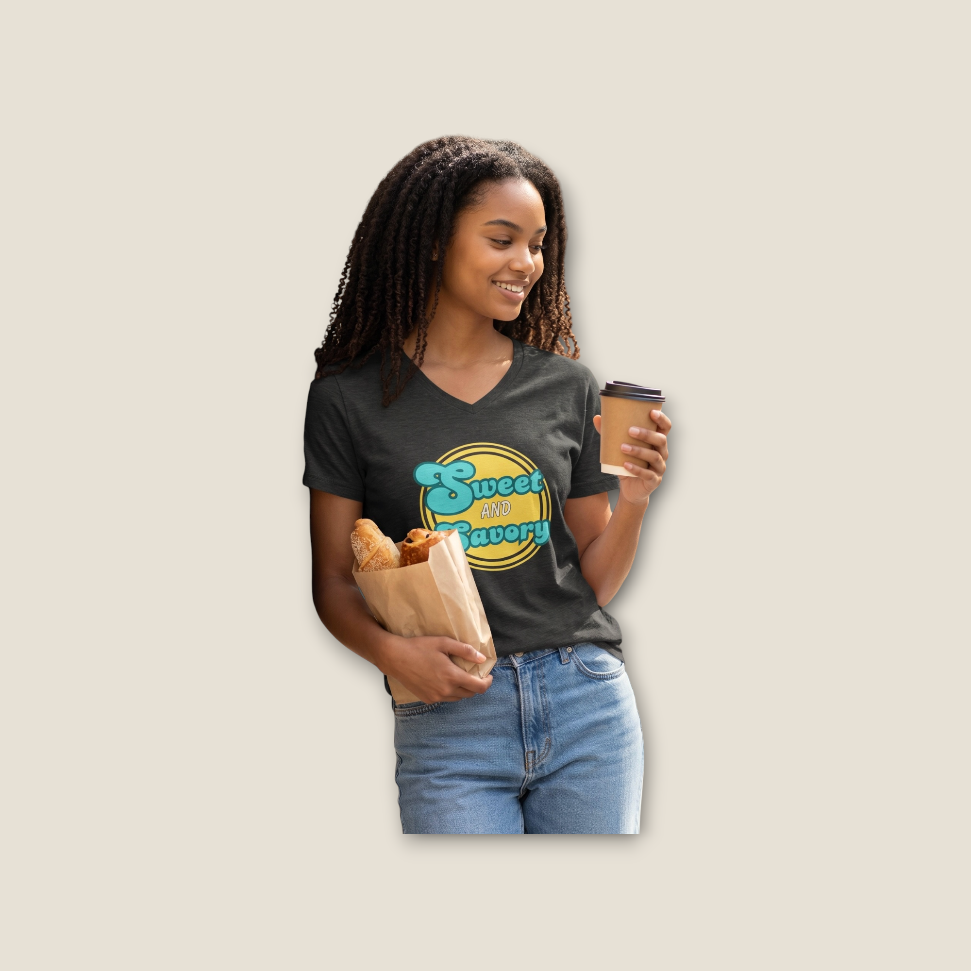 What's It Say Tees-Sweet and Savory V-Neck Tee - Retro Script Foodie T-Shirt